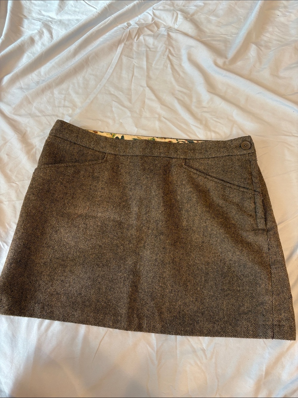 Vintage Brown Tweed Mini Skirt with Button Waist
